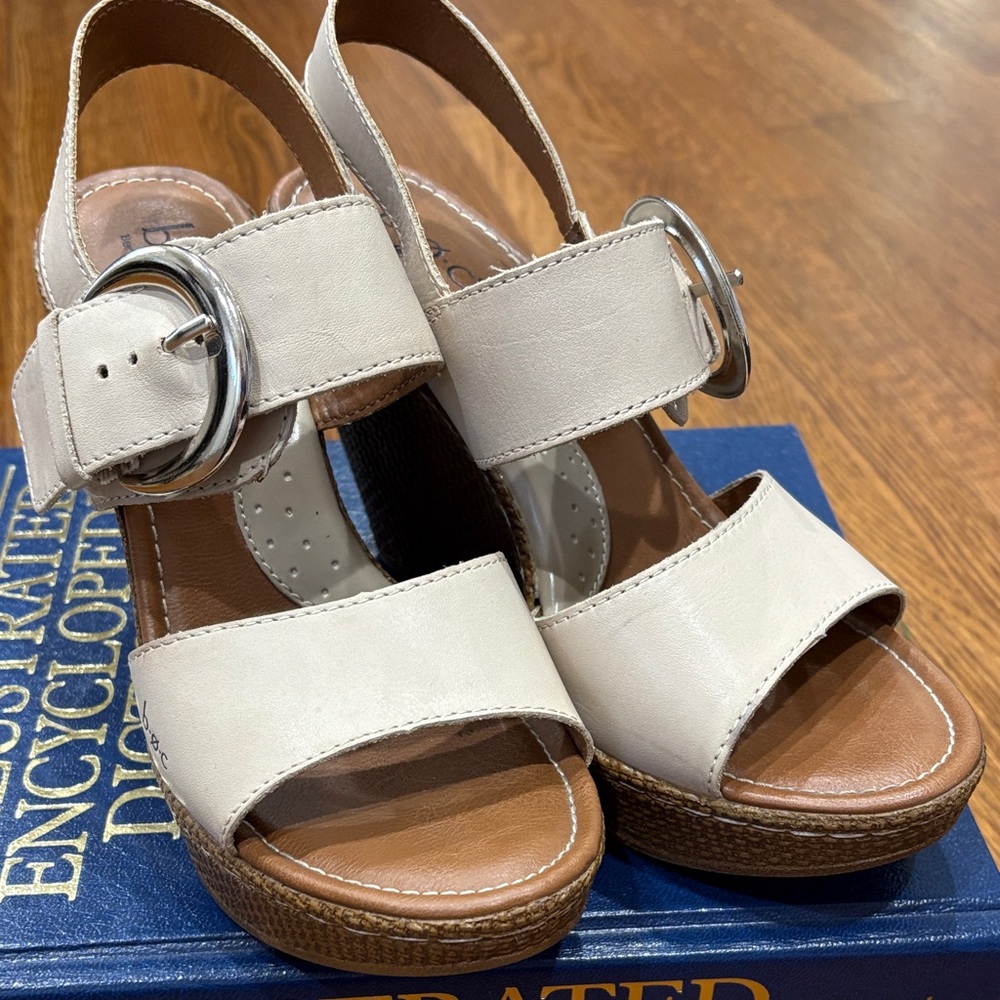 boc Cream Leather Wedge Sandals with Oversized Silver Buckle - Picture 14 of 14